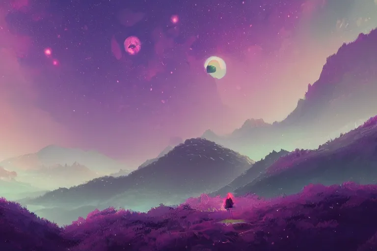 Prompt: a beautifully ultradetailed painting of a mysterious fern green location on top of a universe on the side of a mountain filled with giant orange and purple crystals illuminated by pastel pink fireflies, icy blue mist, morning shot, alena aenami, raphael lacoste, makoto shinkai, 4 k, trending on artstation