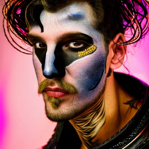 Image similar to an award finning closeup facial portrait by akseli kallen gallela luis rogyo and john howe of a bohemian easygoing and handsome male cyberpunk traveller clothed in excessivelyg fashionable 8 0 s haute couture fashion and wearing ornate body paint