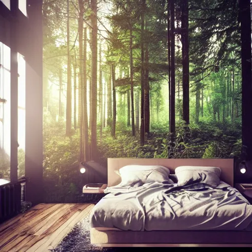 Prompt: a forest themed bedroom, trending on artstation, hdr, instagram photo