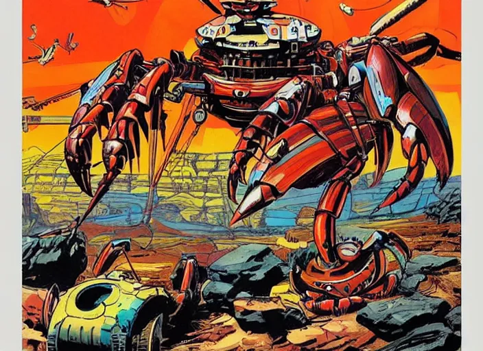 Prompt: comic book cover of a giant mechanical crab at the grand canyon by jack kirby!!! and simon bisley, epic, awesome bright color palette, hard contrast, black ink outlines
