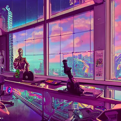 Image similar to Lofi vaporwave sci-fi cyberpunk epic video game room with large window looking out at overpopulated future city, Pixar style, Tristan Eaton, Stanley Artgerm, Tom Bagshaw