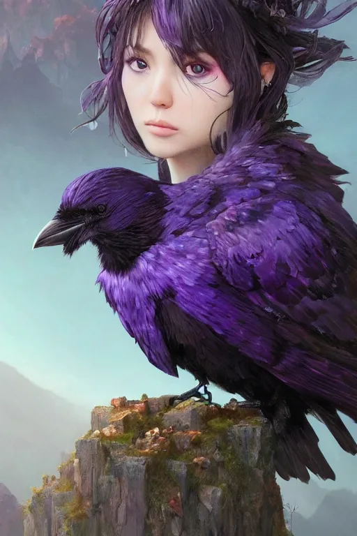 Image similar to portrait of a beautiful one raven perched on purple crystals that are glowing in a misty valley, establishing shot, extremly high detail, foto realistic, cinematic lighting, by yoshitaka amano, ruan jia, kentaro miura, artgerm, post processed, concept art, artstation, raphael lacoste, alex ross