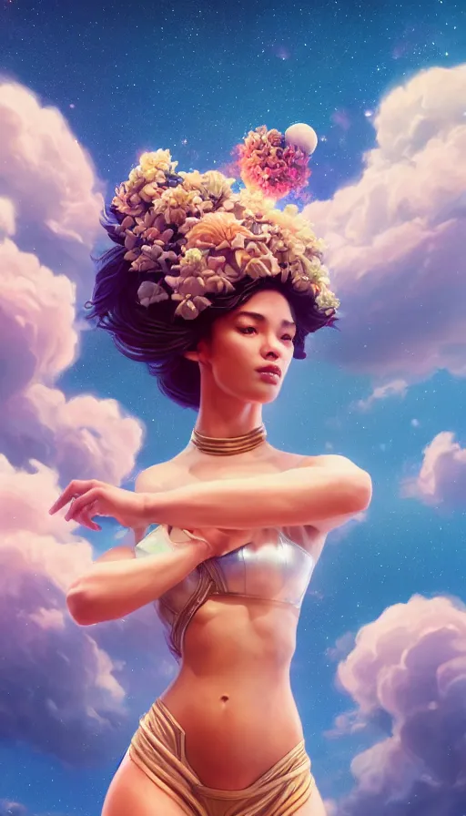 Image similar to a beautiful goddesses, strong pose, full body, planets, sky, dream, highly detailed, digital painting, refreshing, trending on artstation, octane render, hyper realistic, illustration by james jean