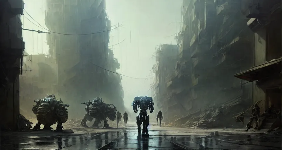 Image similar to hyper realistic sci - fi matte concept art painting of a mecha walking down a war torn street, beautiful details, strong composition painted by kim jung guweta studio rutkowski, james gurney and greg rutkowski, and lucasfilm, smooth, intricate, detailed, sharp focus, cinematic