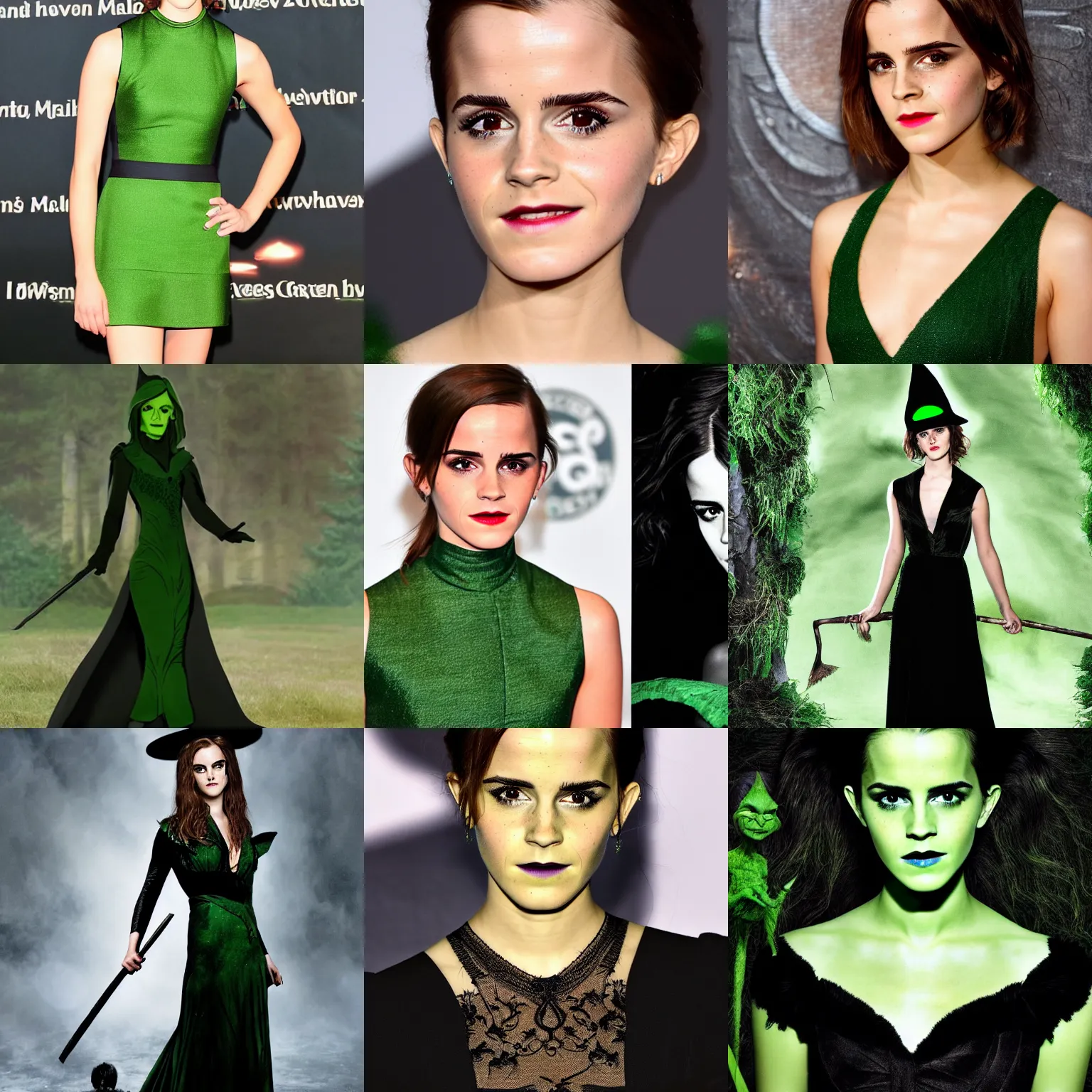 Prompt: malevolent green - skinned emma watson, green skin, dark black long dress, smirking, black witch hat and broomstick, long bushy hair ; her skin is colored green