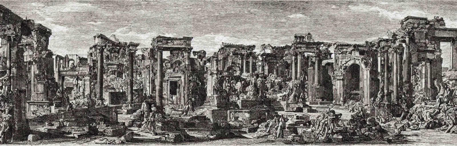 Image similar to a imaginative and theatrical view through the herculaneum gate, pompeii, etching by giovanni battista piranesi