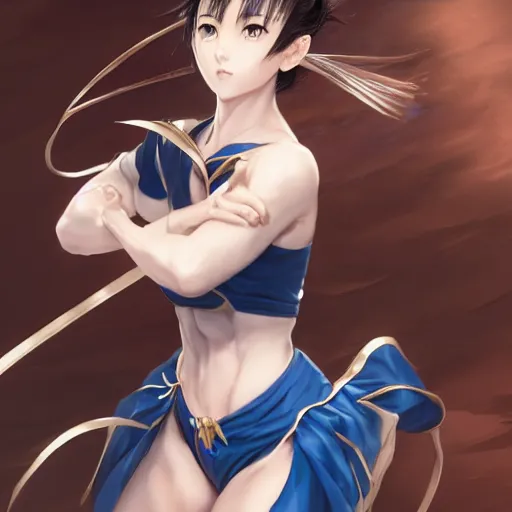 Image similar to A beautiful semi realistic anime portrait of Chun li full body fighting poses beautiful hand by Stanley Artgerm Lau, WLOP, Rossdraws, James Jean, Andrei Riabovitchev, Marc Simonetti, and Sakimichan, tranding on artstation, WLOP, rossdraws, Logan Cure, Mingchen Shen, BangkuART, sakimichan, yan gisuka, JeonSeok Lee, zeronis, Chengwei tranding on artstation