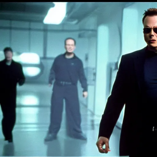 Prompt: Elon Musk starring as Agent Smith, The Matrix (1999), photographic still