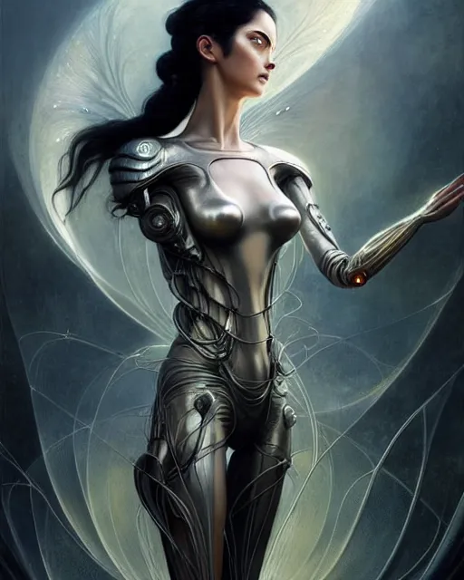 Image similar to karol bak and tom bagshaw and bastien lecouffe - deharme full body character portrait of alita battle angel as galadriel, floating in a powerful zen state, supermodel, beautiful and ominous, wearing combination of mecha and bodysuit made of wires and silk, machinery enveloping nature in the background, scifi character render