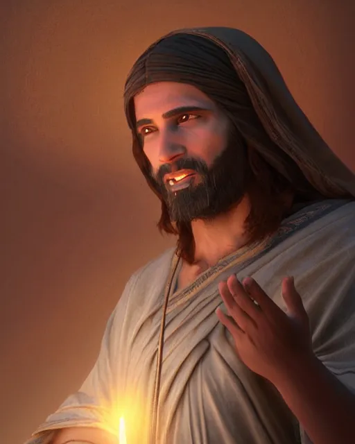 Image similar to Middle eastern Jesus Christ forgives us. Unreal engine, fantasy art by Betty Jiang. Faithfully depicted facial expression, perfect anatomy global illumination, radiant light, detailed and intricate environment