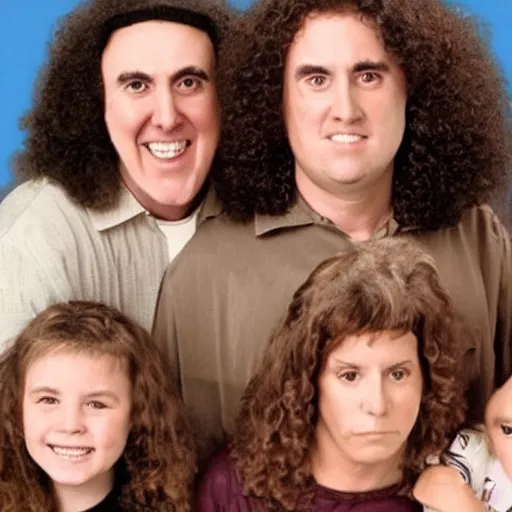 Prompt: a family of mom, dad, 3 kids and they all have the face of weird al yankovic