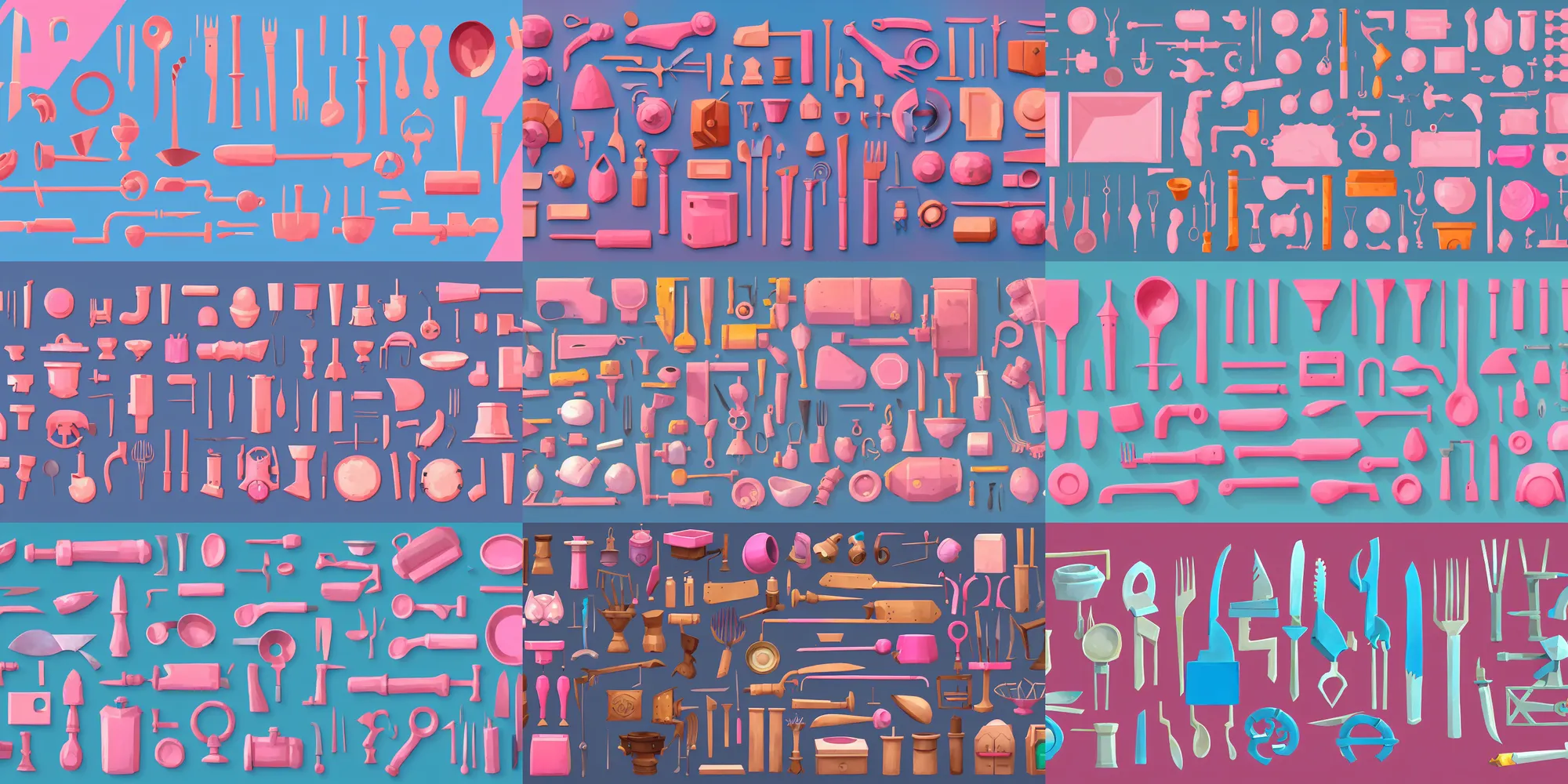 Prompt: game asset of the sims factory utensils and furniture and decoration and equipments gadget items, in gouache detailed paintings, props, stylized, 2 d sprites, kitbash, arcane, overwatch, blue and pink color scheme, 8 k, close up