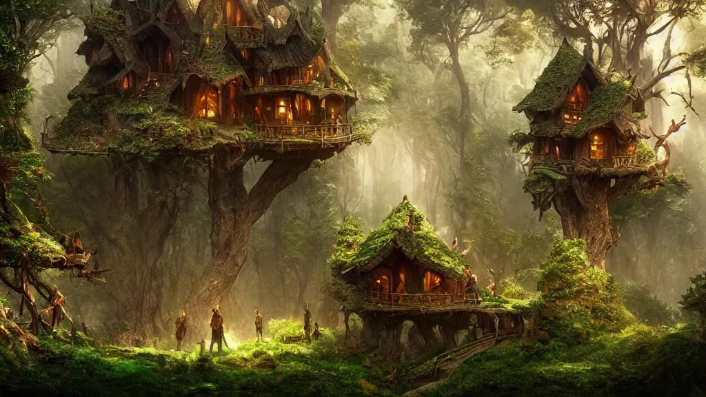 Prompt: elves living in elven treehouses, beautiful landscape, dramatic lighting, cinematic, extremly high detail, photorealistic, cinematic lighting, post processed, concept art, artstation, matte painting, style by greg rutkowsky, by beautiful walt disney animation films of the late 1 9 9 0 s and thomas cole in hd, perfect readability