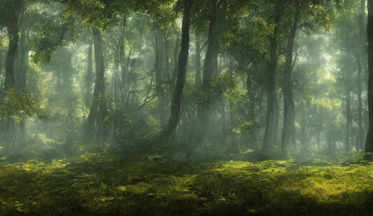 Image similar to a beautiful painting of a clearing in a forest, cinematic angle, movie concept, trending on artstation, octane render, 8 k, ultra high detail