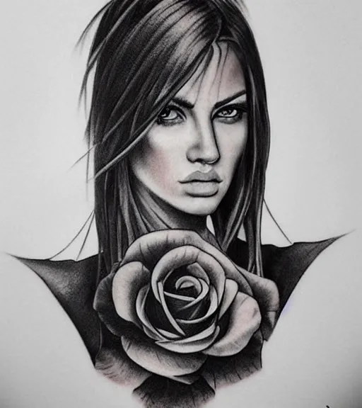 Prompt: tattoo design on white background of a beautiful girl warrior, roses, hyper realistic, realism tattoo, by eliot kohek, beautiful eyes, realistic face, black and white
