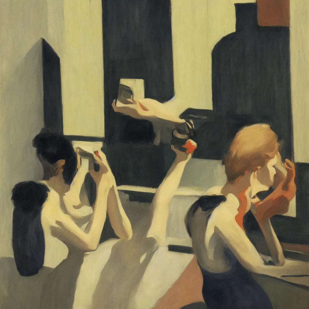 Image similar to i, a beautiful woman playing her iphone, by edward hopper