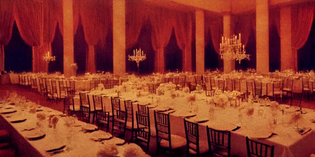 Image similar to a phantom hovers inside of a banquet hall. dramatic soft color lighting ( 1 9 8 4 ).