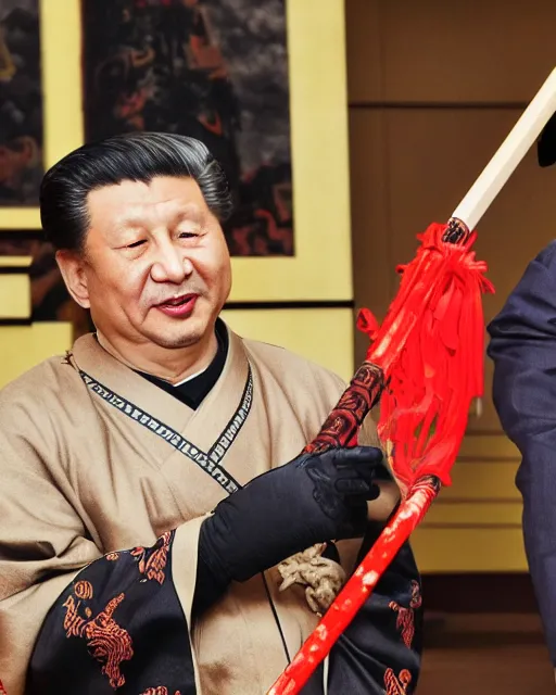 Image similar to Xi Jinping as Ronin Ogami Ittō in Lone Wolf and Cub and a Toddler sized Vladimir Puttin as Daigorō, Xi Jinping is Holding a Samurai Sword, photorealistic, Cinematic, Japanese