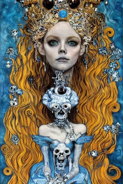 Image similar to The Princess of Bones by Karol Bak, Jean Deville, Gustav Klimt, and Vincent Van Gogh, portrait of a porcelain princess wearing a crown, porcelain ball-joint doll face with blue painted tattoos, pale blue eyes, mystic eye, otherworldly, crown made of bones, ornate jeweled crown, skulls, fractal structures, arcane, inscribed runes, infernal relics, ornate gilded medieval icon, third eye, spirals