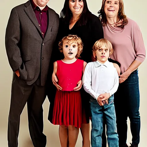 Image similar to family portrait studio of ugly family big eyes bad awful teeth and smile, horrible scary family laughter