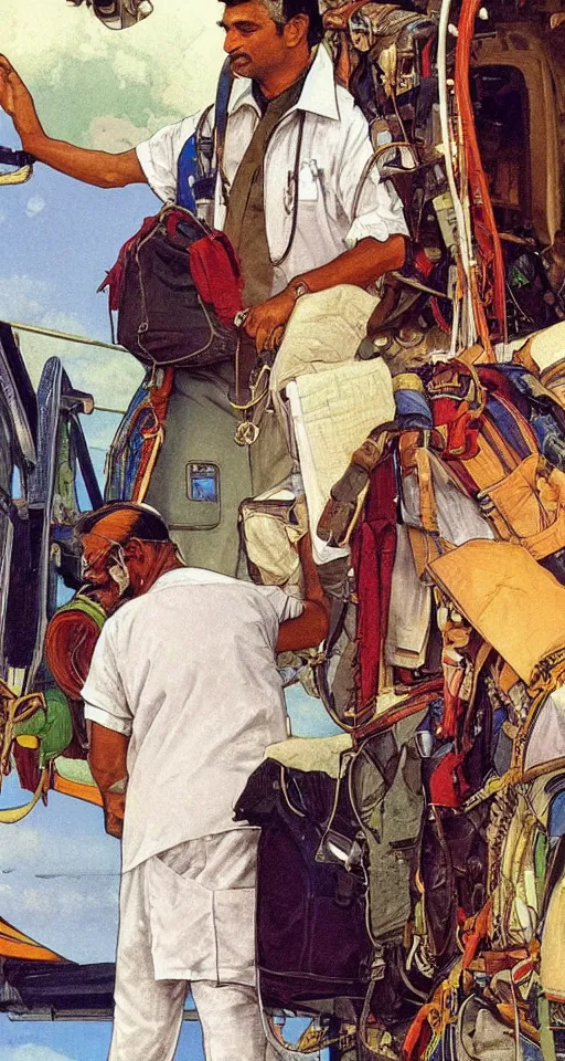 Image similar to close up of an Indian doctor in scrubs disembarking from an airplane at Heathrow in 2022, sun shining, photo realistic illustration by greg rutkowski, thomas kindkade, alphonse mucha, loish, norman rockwell.