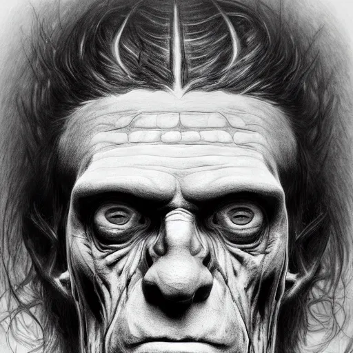 Image similar to An intricate detailed complex pencil drawing of frankenstein, dead eyes , contrast atmosphere, majestic, symmetrical face, artgerm, Dark mist, portrait, detailed monochrome, featured on artstation hd, detalied complex of monster illustration, character design art, border and embellishments dslr, hyperreal by Alphonse Mucha