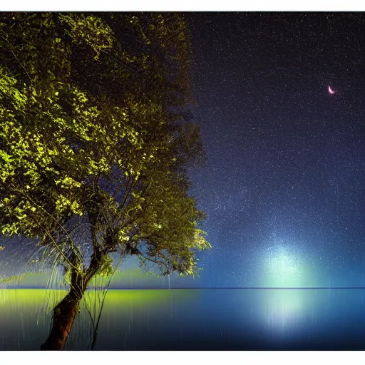 Prompt: lake, trees, night, blue fireflies,