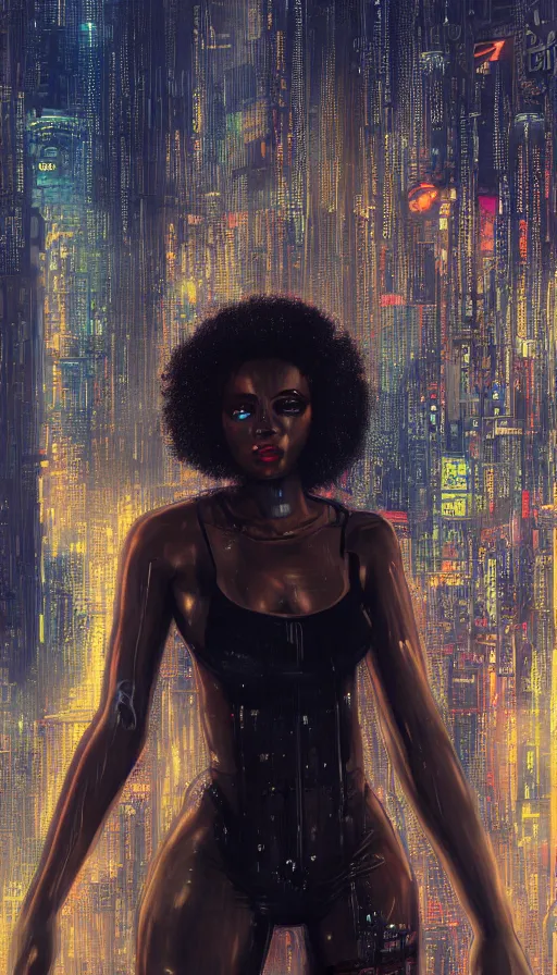 Image similar to a beautiful young Black woman, cyberpunk, Blade Runner city background, highly detailed, artstation, illustration, art by Gustav Klimt