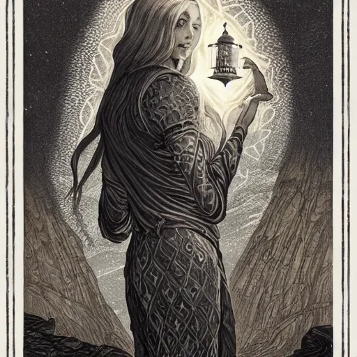 Image similar to bleak lighthouse, black paper, white ink, I, Renaissance style golden border, As above so below, tarot card, intricate design, 3d relief, insanely detailed, illustrated by Charlie Bowater and Donato Giancola, Major arcana