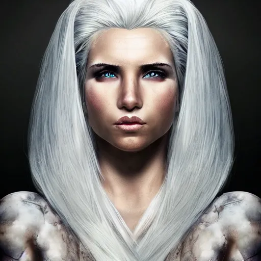 Image similar to portrait of a stunning female warrior with white hair, closeup, devianart