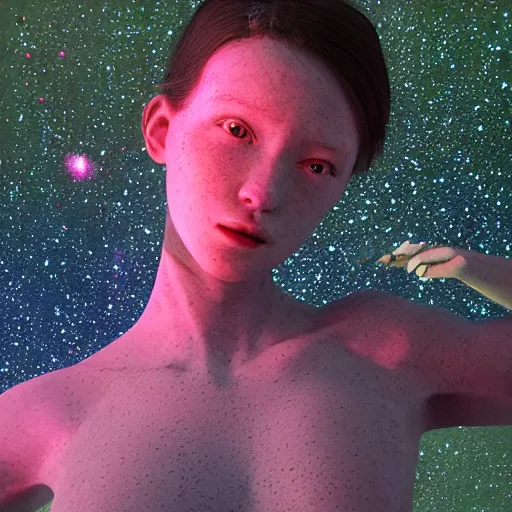 Prompt: born again christian tiktok influencer jumping and talking about how aliens are real only if you eat crayons because they see the phosphorescence in your boddy, in the style of james jean, artstation trending, 8 k, 3 d render, photorealistic, volumetric lighting caustics, pink