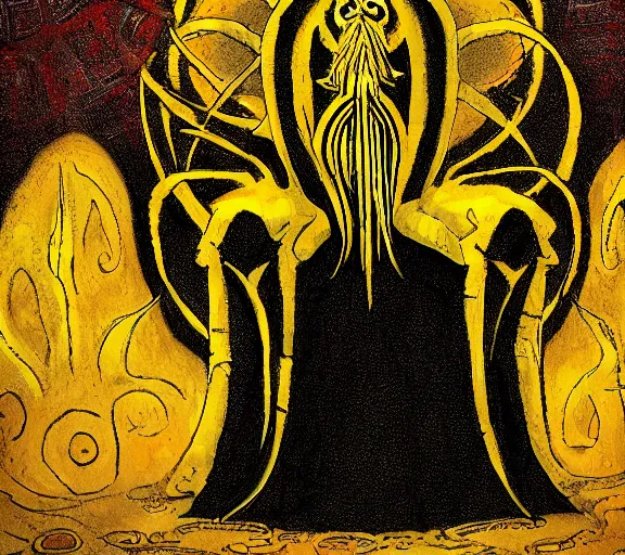 Prompt: eldritch king in yellow on his occult throne by mike winkelman