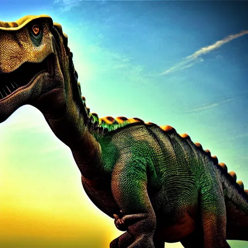 Image similar to dinosaur smoking a cigarette in their mouth realistic hdr professional shot