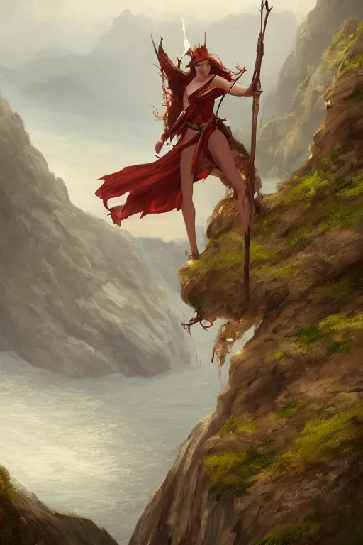 Image similar to concept illustration, trending on artstation, highly detailed, 8k, fantasy, woman standing on top of a cliff, holding a spear, looking down with fury