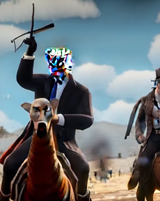 Prompt: Donald Trump, Joe Biden and Hillary Clinton in RDR2. They are robbing a stagecoach as a team. Alex Jones is riding the stagecoach. gameplay screenshot