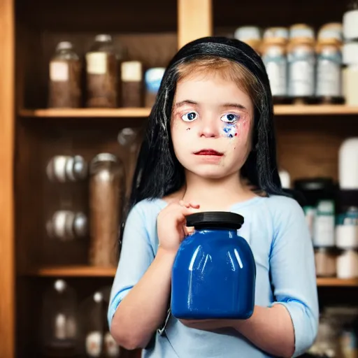 Image similar to a little blue-skinned girl with messy black hair sharp pointed ears freckles along the ridges of her cheeks in a pantry drinking from a leather flask, blue skinned dnd triton, high resolution film still, 4k, HDR colors