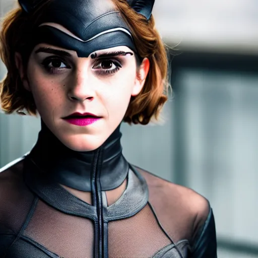 Prompt: Emma Watson as Catwoman, XF IQ4, f/1.4, ISO 200, 1/160s, UHD, detailed, Sense of Depth, Depth Layering, AI enhanced, HDR, in-frame