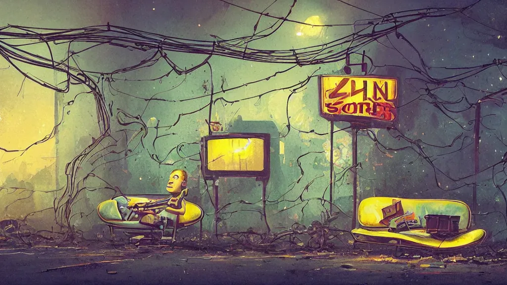 Image similar to A 1960s era robot! on a faded yellow couch in front of a rusted and dilapidated gas station. The stars! of the Milky Way shine above a broken neon sign, ground is cracked with vines fantasy concept art by Greg Rutkowski