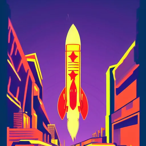 Prompt: rocket standing on a street in the middle of a cyberpunk city, neon signs, beige background, minimalism, flat design, flat colors, in the style of a soviet propaganda poster