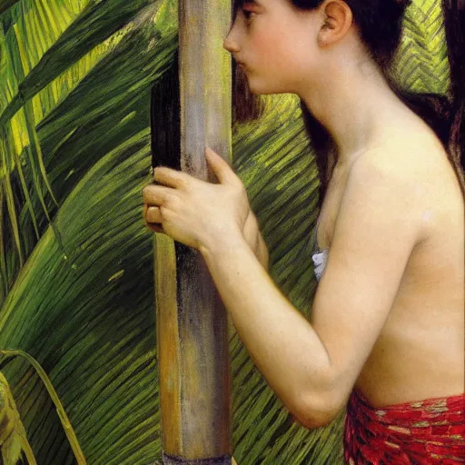 Image similar to a ultradetailed beautiful painting of a girl in the amazonas palace balustrade designed by jules bastien - lepage, tarsila do amaral, frank weston and gustave baumann, beach, trending on artstation, mediterranean, palm trees, hyper detailed face, sharp focus, soft light, 8 k 4 k