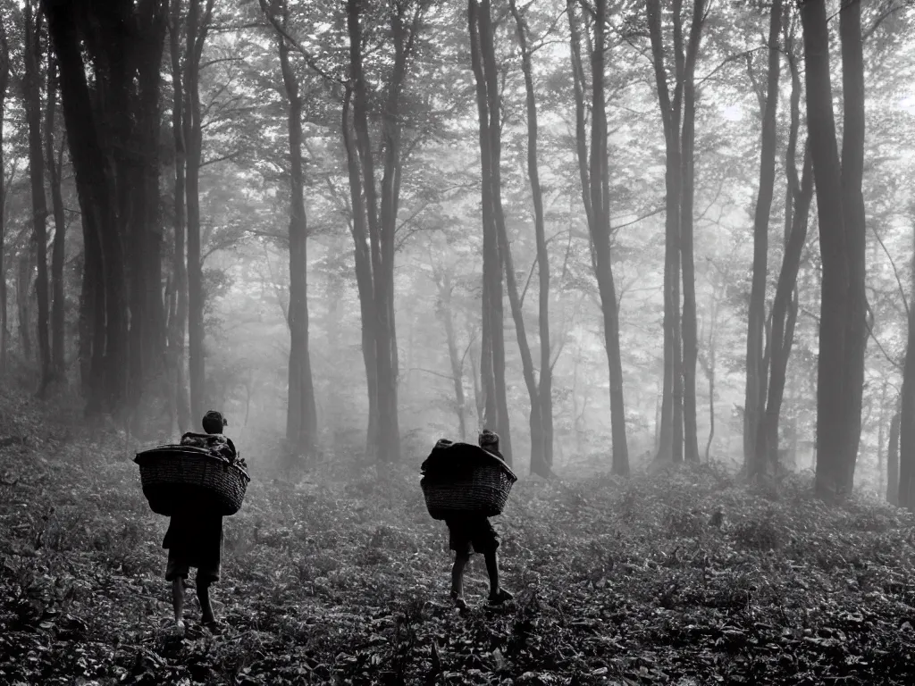 Prompt: Black and white 35mm film photograph of an impoverished young mushroom forager carrying a basket of mushrooms in a forest blanketed with fog. Deep shadows and highlights and sunflair. Wide shot. bokehlicious. historical archive photo. Pennsylvania, 1924.