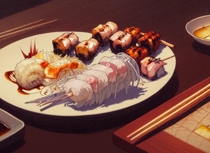 Image similar to a film still portrait of a plate with japanese food yakitori, finely detailed features, closeup at the food, perfect art, at a dinner table, gapmoe yandere grimdark, trending on pixiv fanbox, painted by greg rutkowski makoto shinkai takashi takeuchi studio ghibli, akihiko yoshida