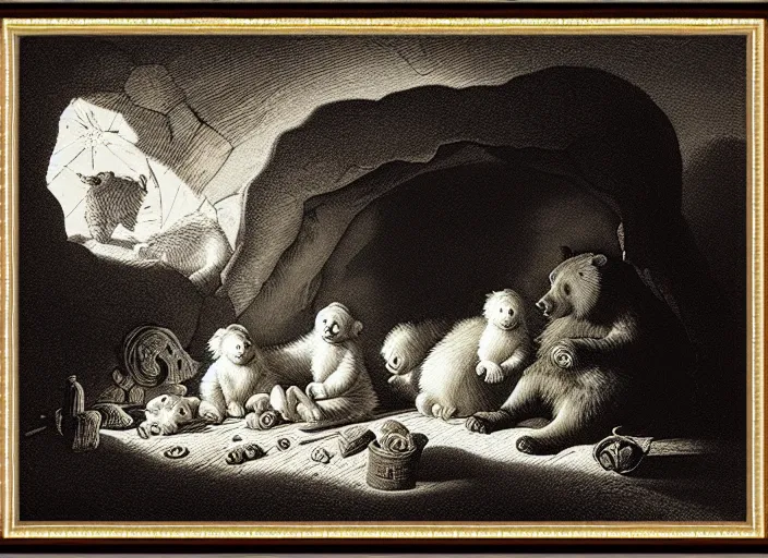 Image similar to Pieter Claesz's 'bear and her cubs sleeping in a dark cave lit by campfire', night time, cross hatching, framed