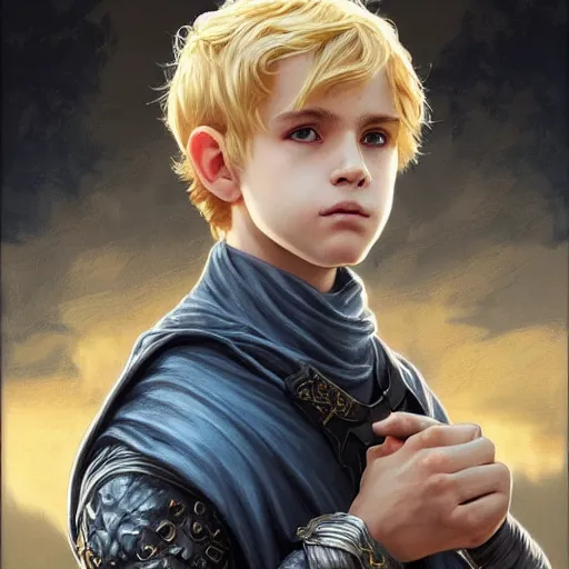 Prompt: an epic fantasy comic book style portrait painting of a young blonde boy who is over confident, wearing plain thief clothes, d & d, fantasy, intricate, elegant, highly detailed, digital painting, artstation, concept art, matte, sharp focus, illustration, art by artgerm and greg rutkowski and alphonse mucha