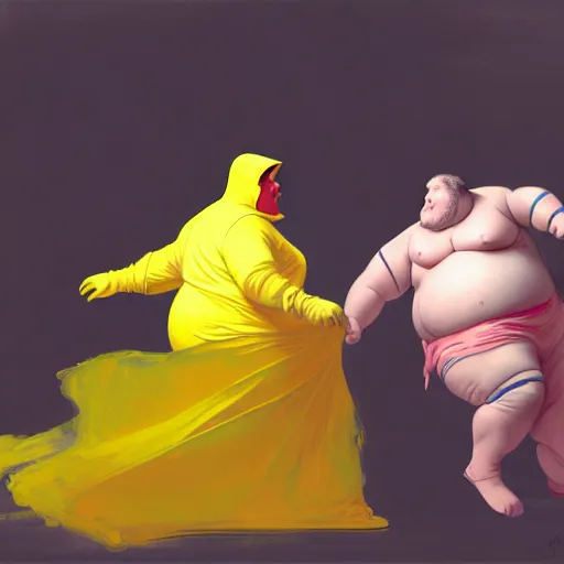 Prompt: a fat man in a yellow hazmat suit and a woman in a pink organza dress both dancing, in a messy laboratory, intricate, elegant, digital painting, concept art, smooth, sharp focus, illustration, from metal gear, by ruan jia and mandy jurgens and william - adolphe bouguereau, artgerm