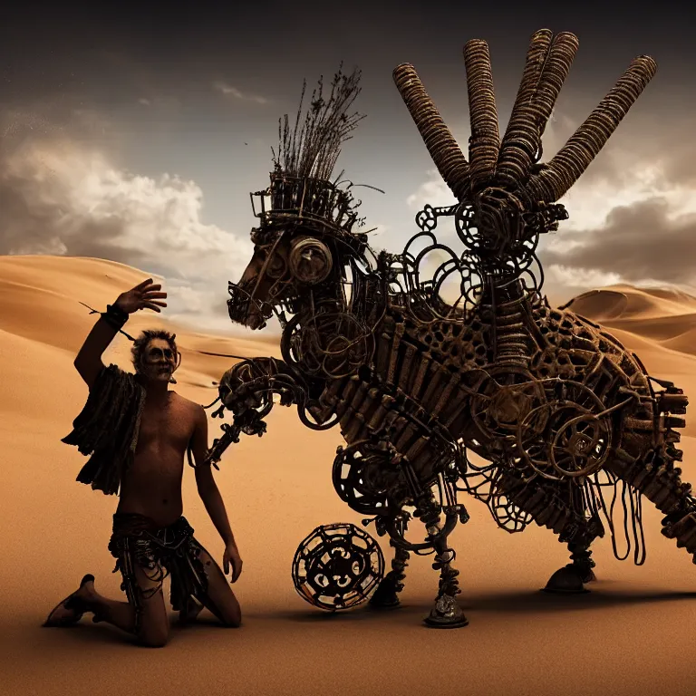 Image similar to A techno-magical shaman performs a ritual to resurrect a mechanical horse in a steely ancient ruin covered in dunes of sand. Masterpiece, fantasy art, future, cinematic, hyperdetailed, sigil, photorealistic, cyberpunk, postapocalyptic, steampunk, hyperrealism, octane rendering, 8k, depth of field, bokeh, shadows, art by Zdzisław Beksiński