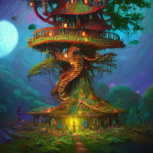 Prompt: detailed concept colorful fantasy painting of a transcendental treehouse, artwork by Paul Lehr and Lexander Jansson, framed focus, cinematic lighting, hyperdetailed, 8k, high resolution, insanely detailed and intricate, octane render