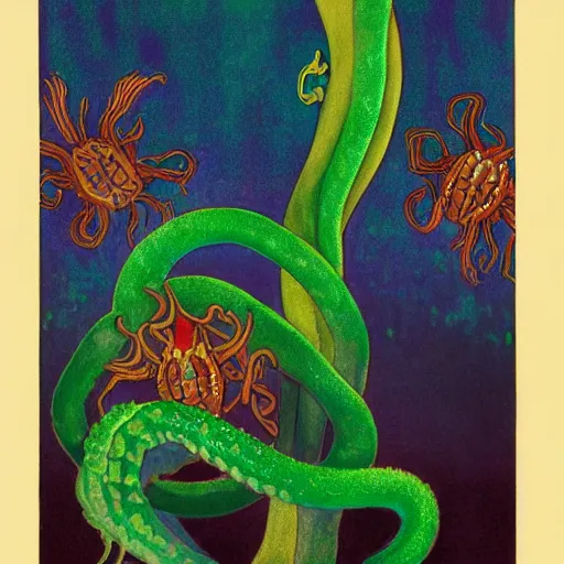 Image similar to bioluminescent tentacle king, by annie swynnerton and leo and diane dillon and adolf wolfli and ( diego rivera ), elaborate costume, flowers, iridescent beetles, rich color, dramatic cinematic lighting, smooth, sharp focus, extremely detailed