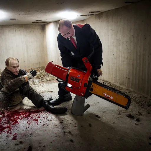 Image similar to putin with a chainsaw and a corpse. in a concrete bunker. focus on putins face with blood splatters. canon eos r 3, f / 1. 4, iso 1 6 0 0, 1 / 8 0 s, 8 k, raw, grainy