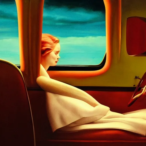 Prompt: Elle Fanning sleeping in the backseat of a 50s car in the world of Edward Hopper, stormy weather, extremely detailed masterpiece, oil on canvas, low-key neon lighting, artstation, Blade Runner 2049, Roger Deakin’s cinematography, by J. C. Leyendecker and Peter Paul Rubens,